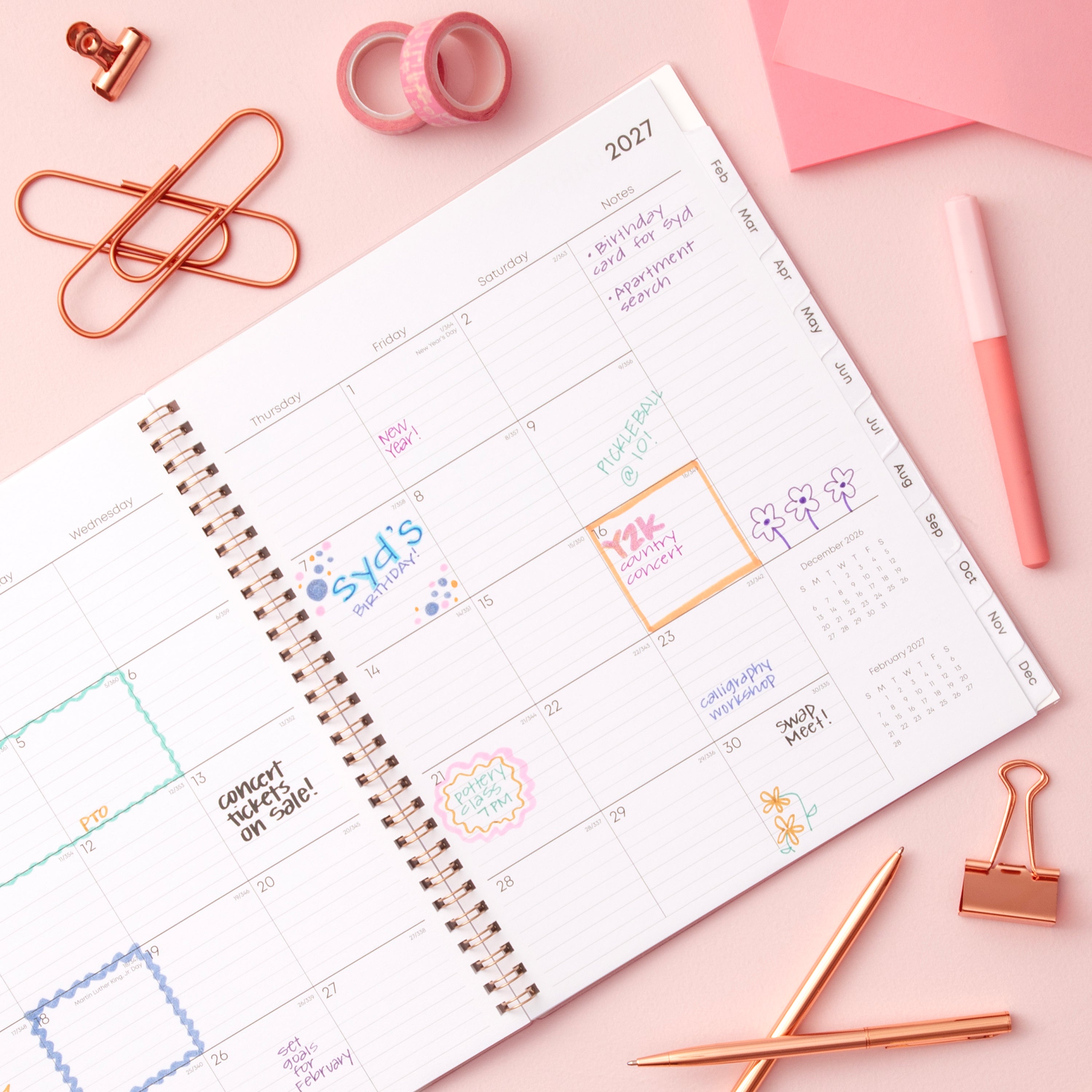 2027 monthly spread featuring ample blank writing space for each date, notes section, reference calendars, and monthly tabs