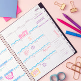 2027 weekly spread features ample lined writing space for to do lists, notes section, reference calendars, bullet points, and monthly tabs