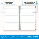 2027 weekly spread features ample lined writing space for to do lists, notes section, reference calendars, bullet points, and monthly tabs
