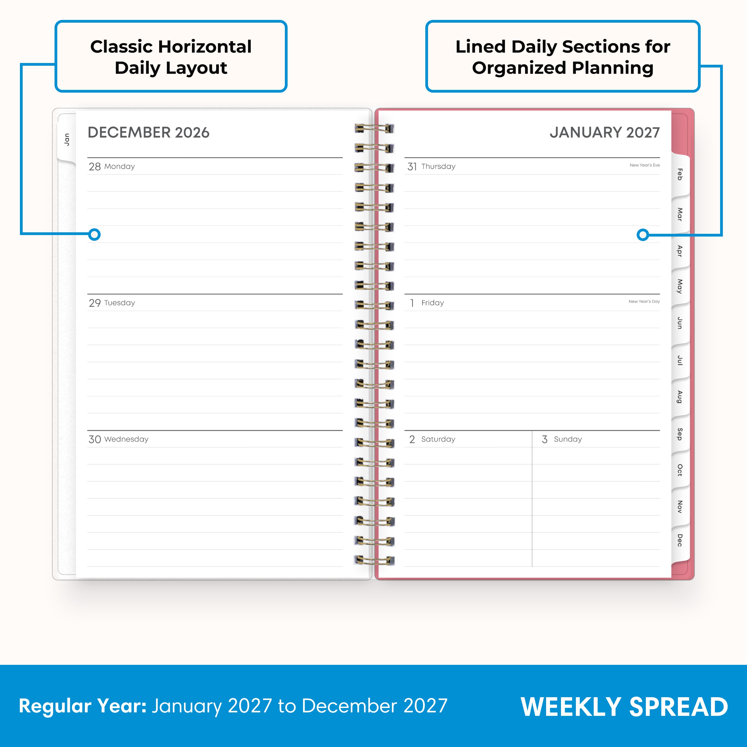 2027 weekly spread features ample lined writing space for to do lists, notes section, reference calendars, bullet points, and monthly tabs