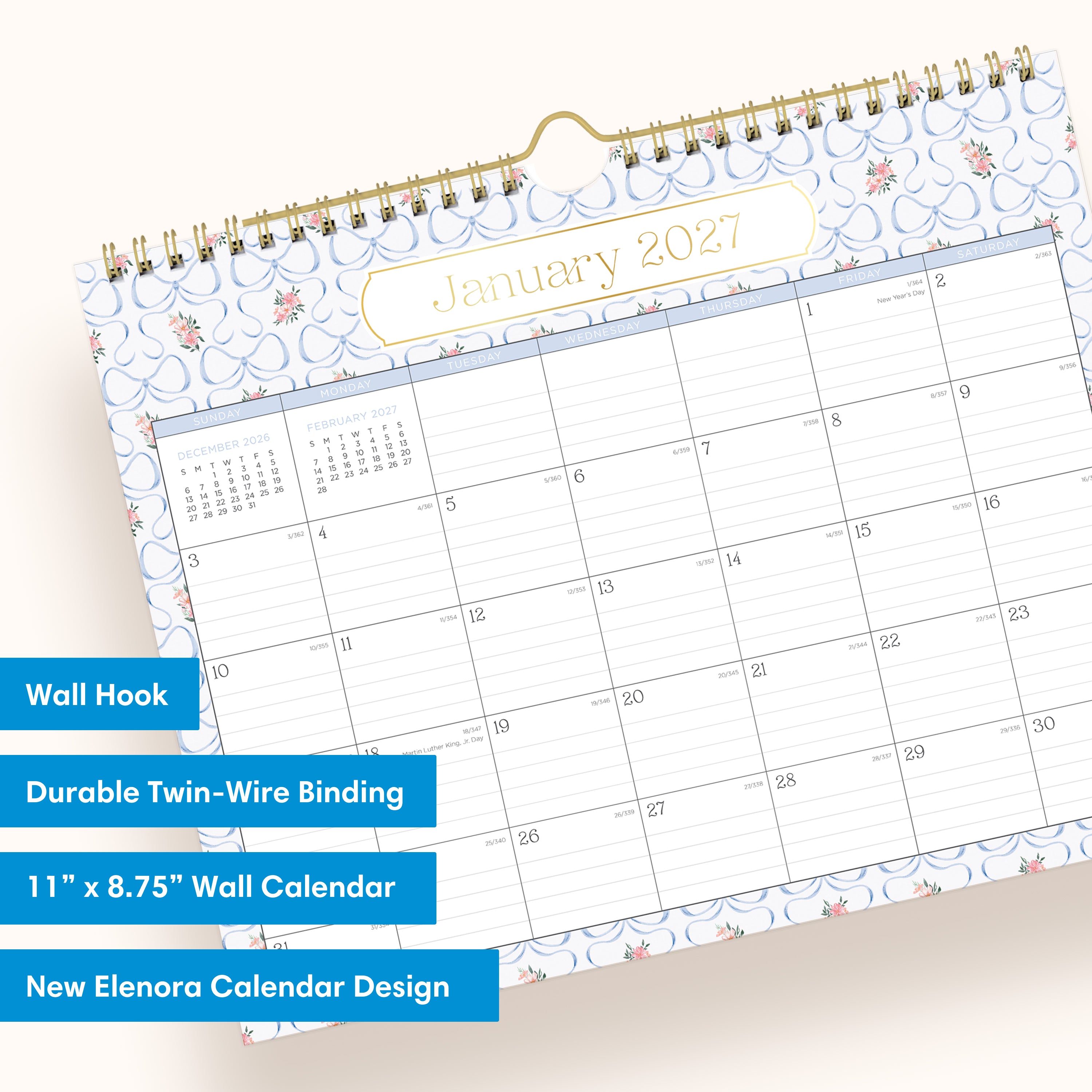 lined writing space for each day on this january 2027 to december 2027 wall calendar + reference calendars, holidays and golden wire o and hook