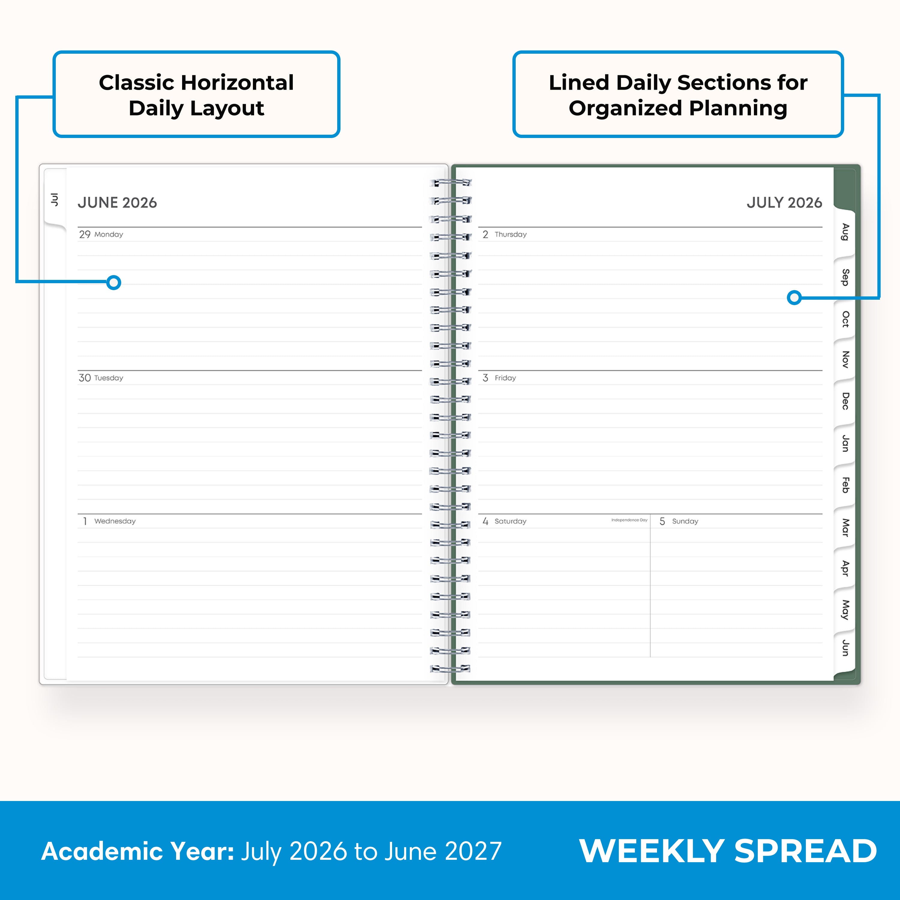 2026-2027 weekly spread featuring ample writing space, bullet points, to do-list.