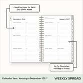 2027 weekly spread features ample lined writing space for to do lists, notes section, reference calendars, bullet points, and monthly tabs