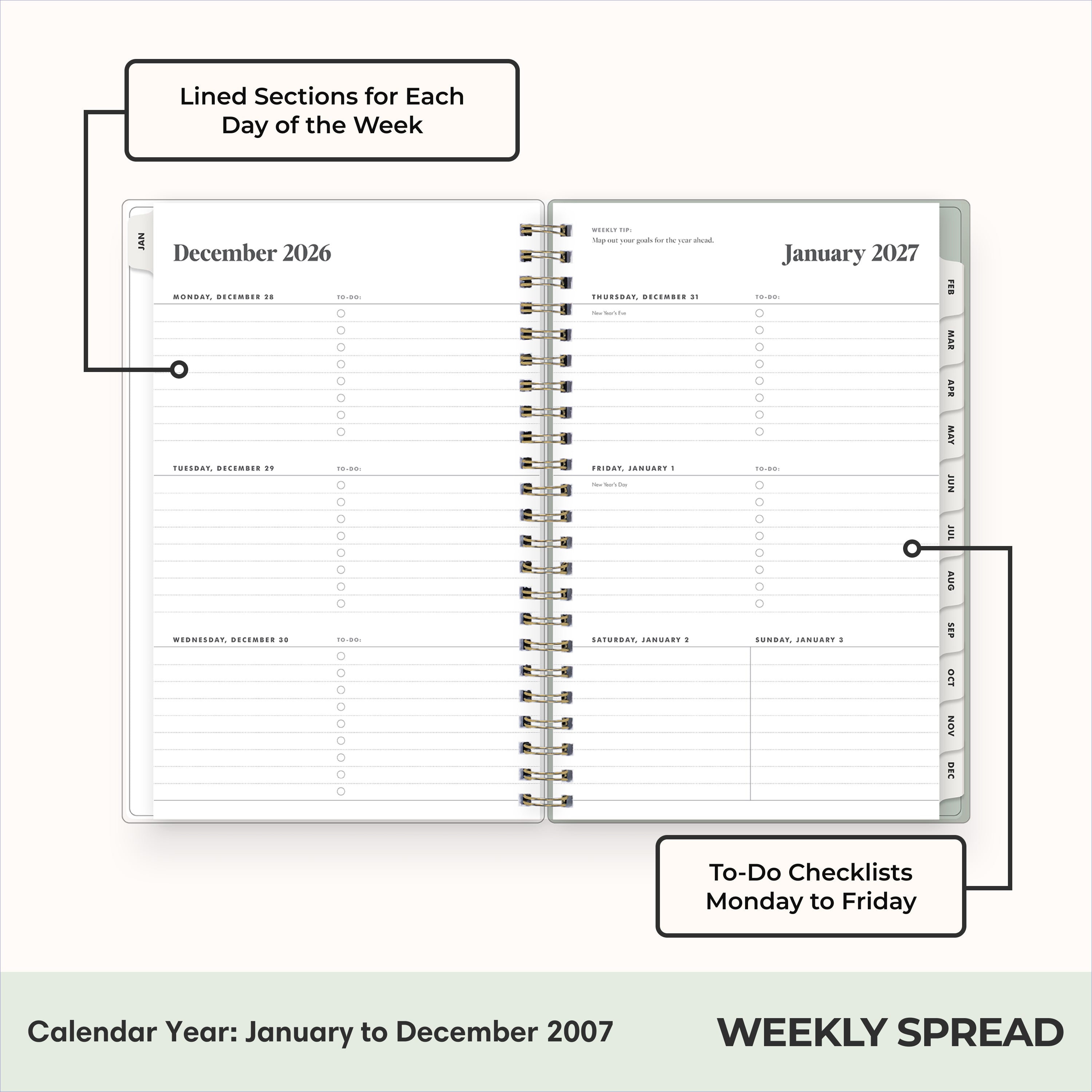 2027 weekly spread features ample lined writing space for to do lists, notes section, reference calendars, bullet points, and monthly tabs