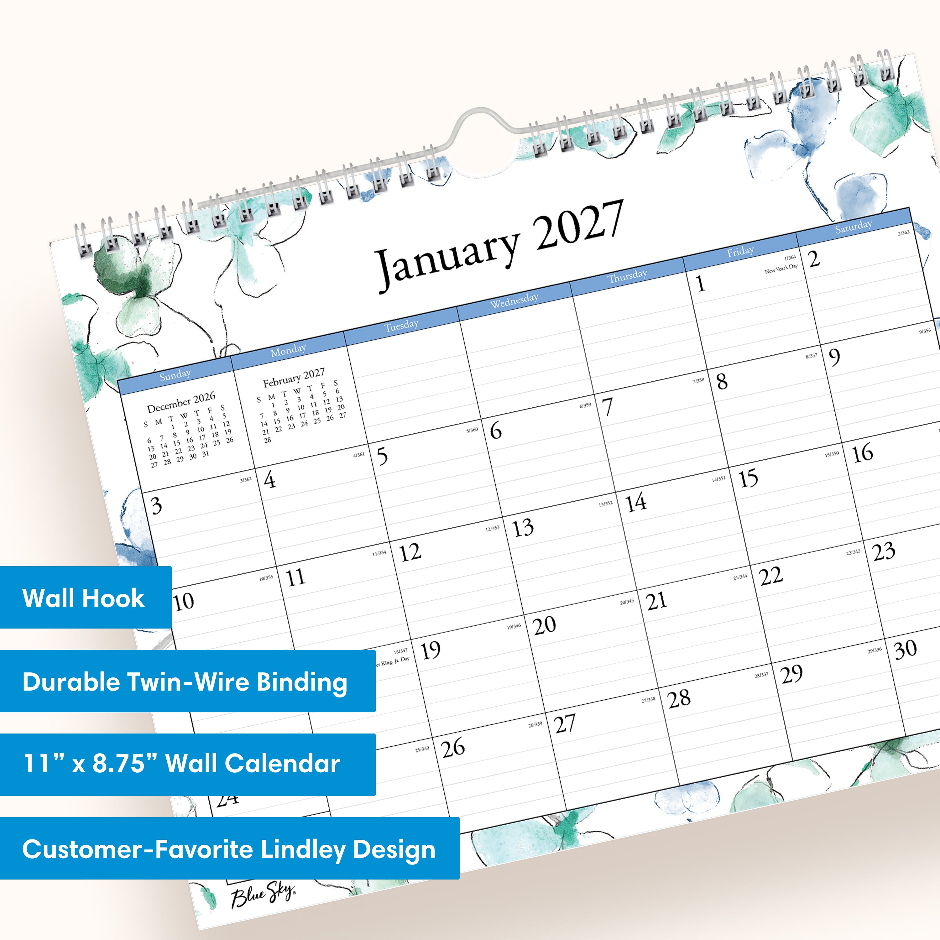 january 2027 to december 2027 wall calendar in 11x8.75 size with lined writing space and reference calendars silver hook and binding
