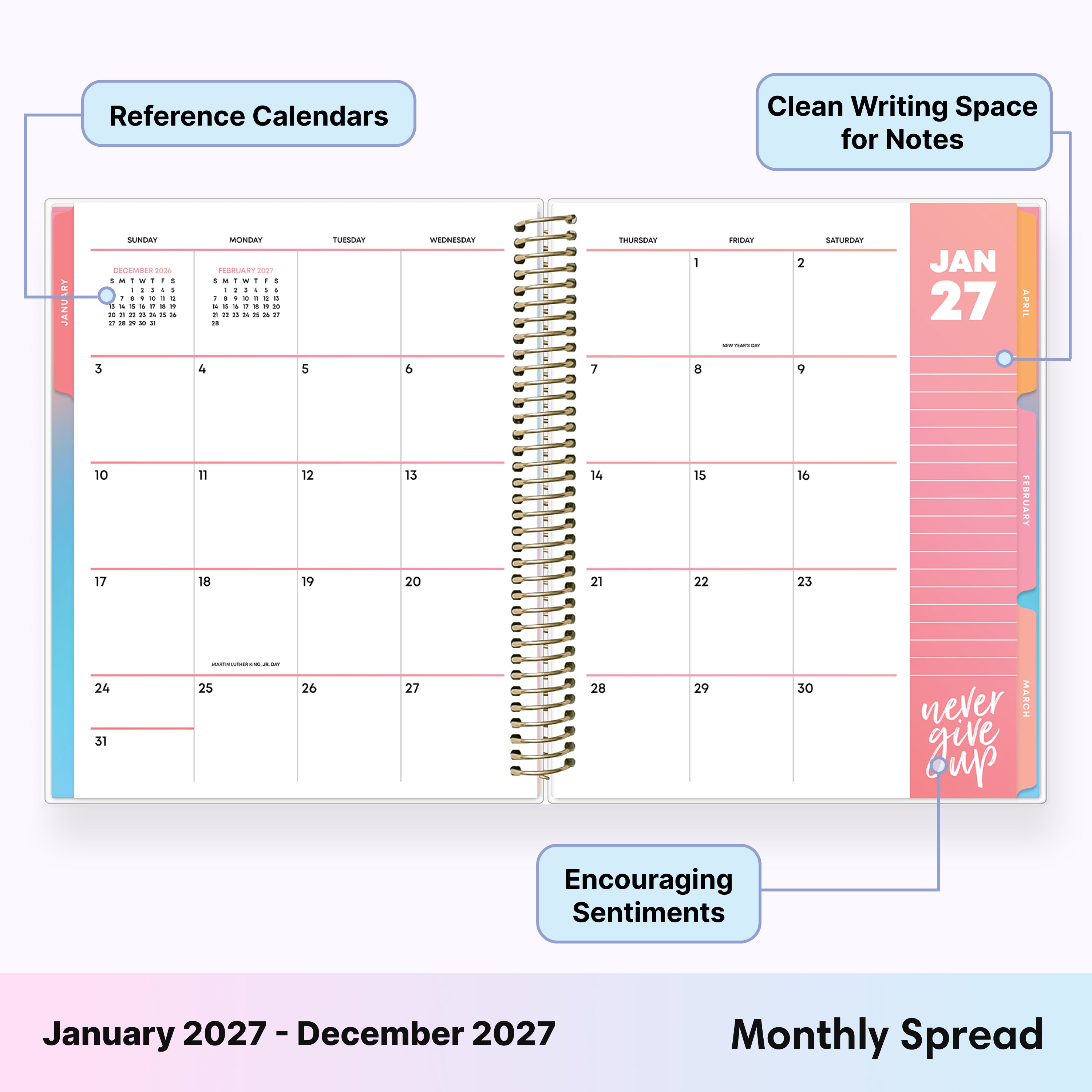 2027 monthly spread featuring ample blank writing space for each date, notes section, reference calendars, and monthly tabs