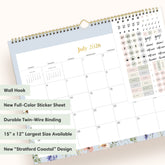 Calendar for July 2026-June 2027 with floral design and motivational stickers on a white background, ample blank writing space and reference calendars