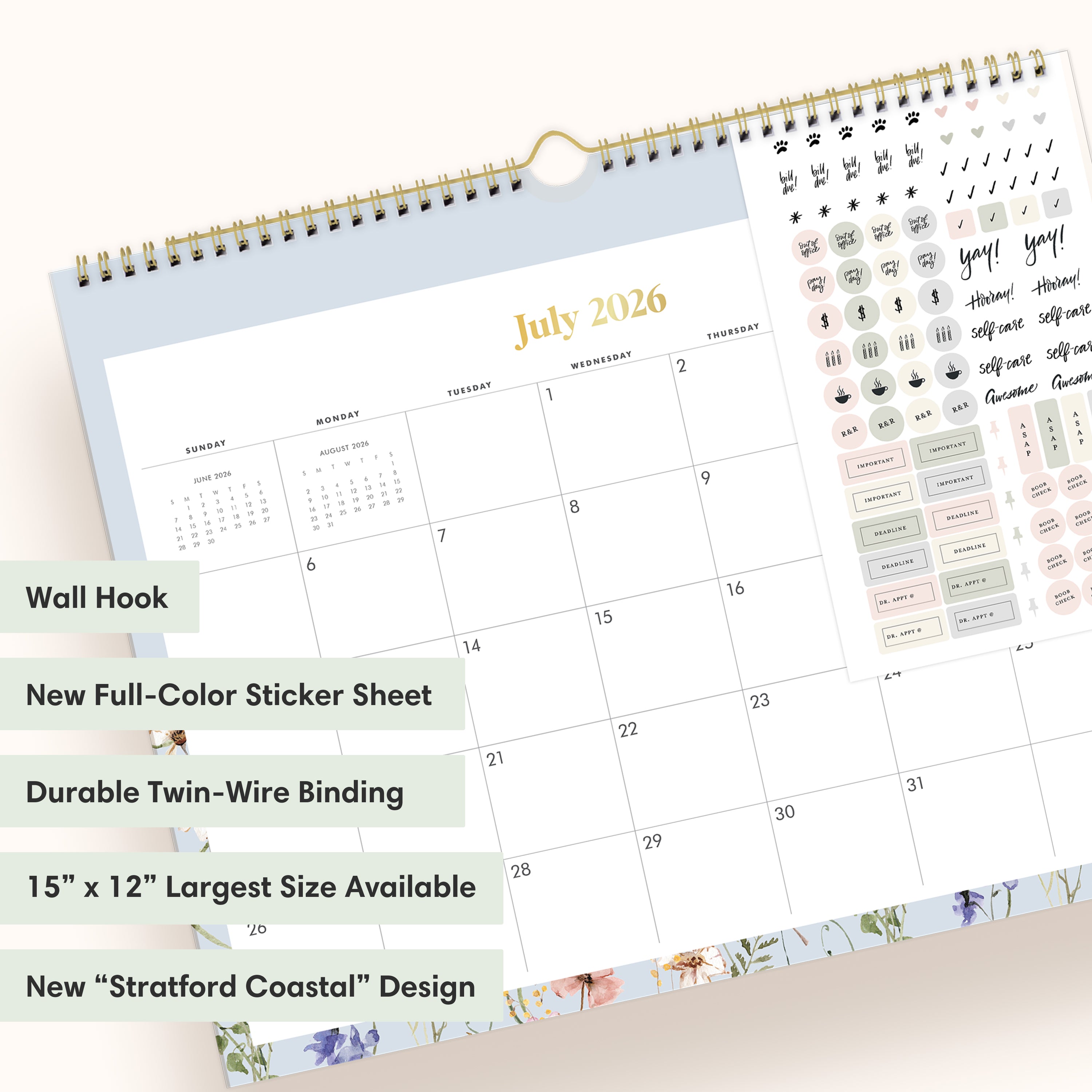 Calendar for July 2026-June 2027 with floral design and motivational stickers on a white background, ample blank writing space and reference calendars