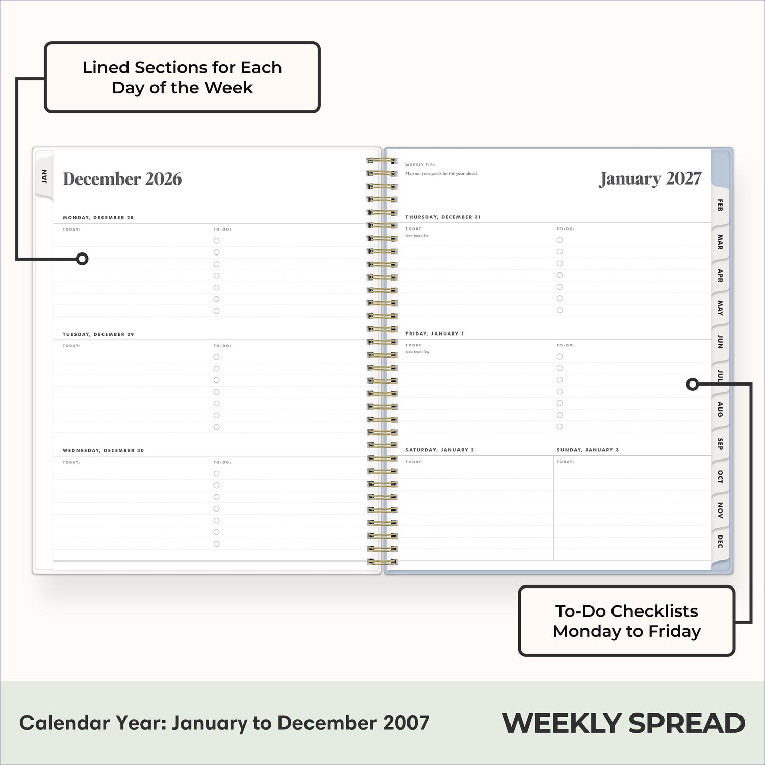 2027 weekly spread features ample lined writing space for to do lists, notes section, reference calendars, bullet points, and monthly tabs