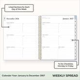2027 weekly spread features ample lined writing space for to do lists, notes section, reference calendars, bullet points, and monthly tabs