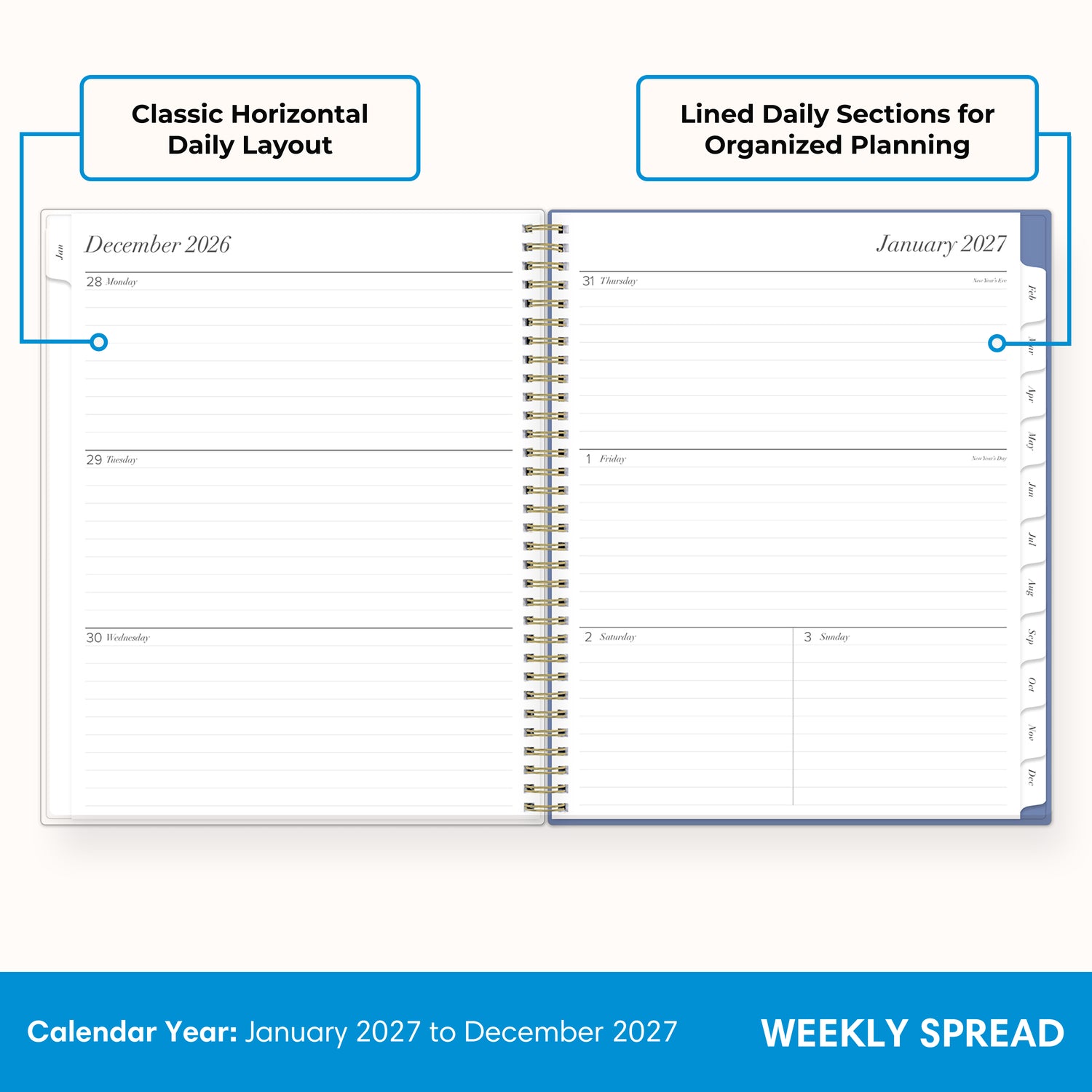 2027 weekly spread features ample lined writing space for to do lists, notes section, reference calendars, bullet points, and monthly tabs
