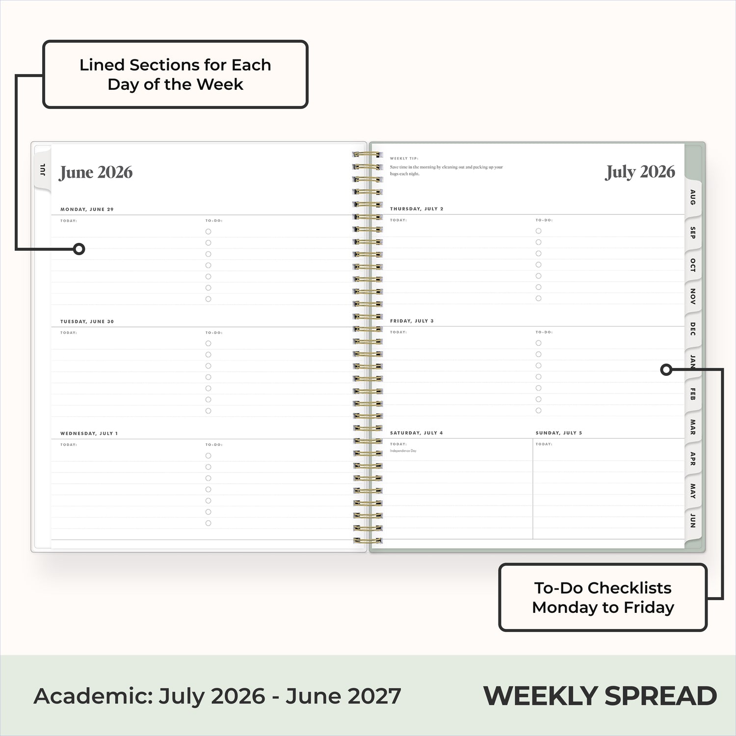 2026-2027 weekly spread featuring ample writing space, bullet points, to do-list.
