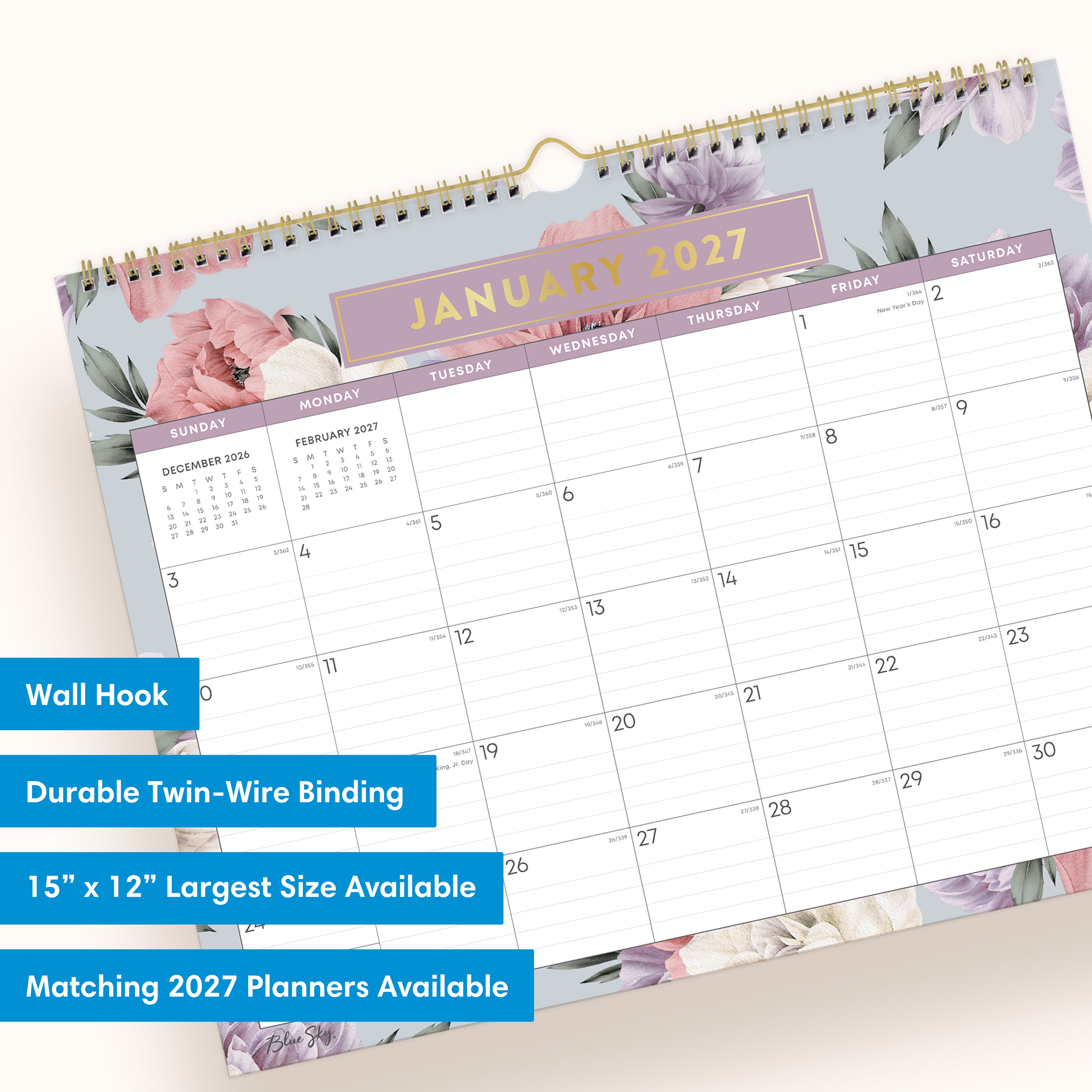 floral pattern bordering this 15x12 bl8ue sky 2027 planner with lined writing space for each day and reference calendars