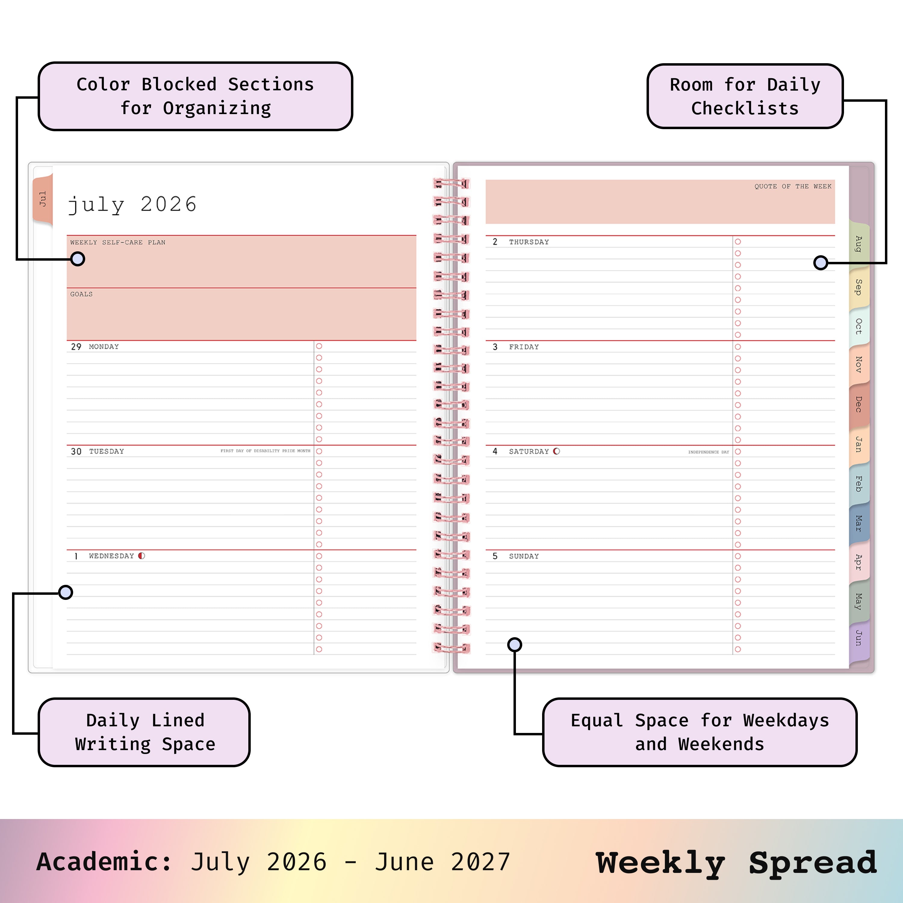 2026-2027 weekly spread featuring ample writing space, bullet points, to do-list and multi colored monthly tabs