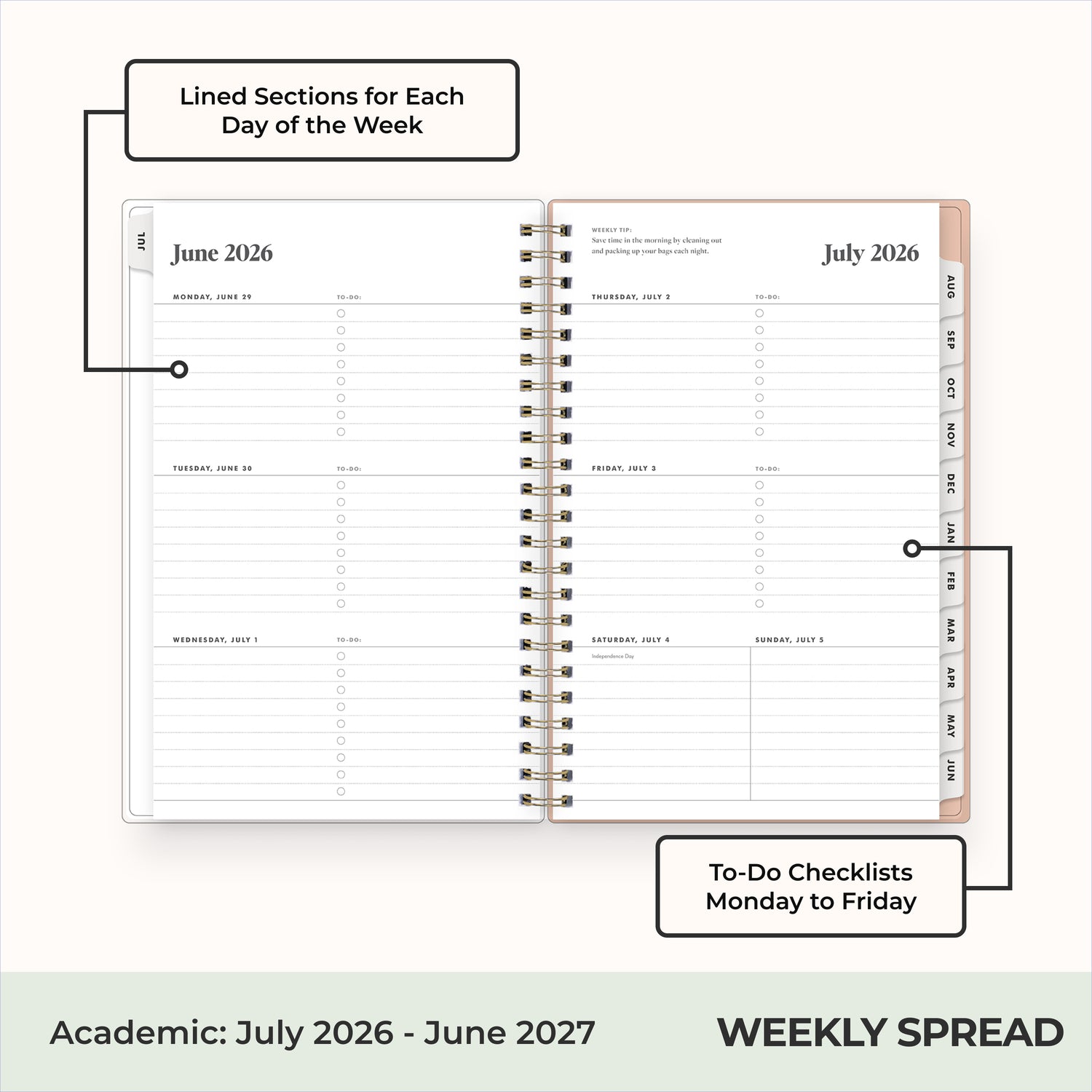 2026-2027 weekly spread featuring ample writing space, bullet points, to do-list
