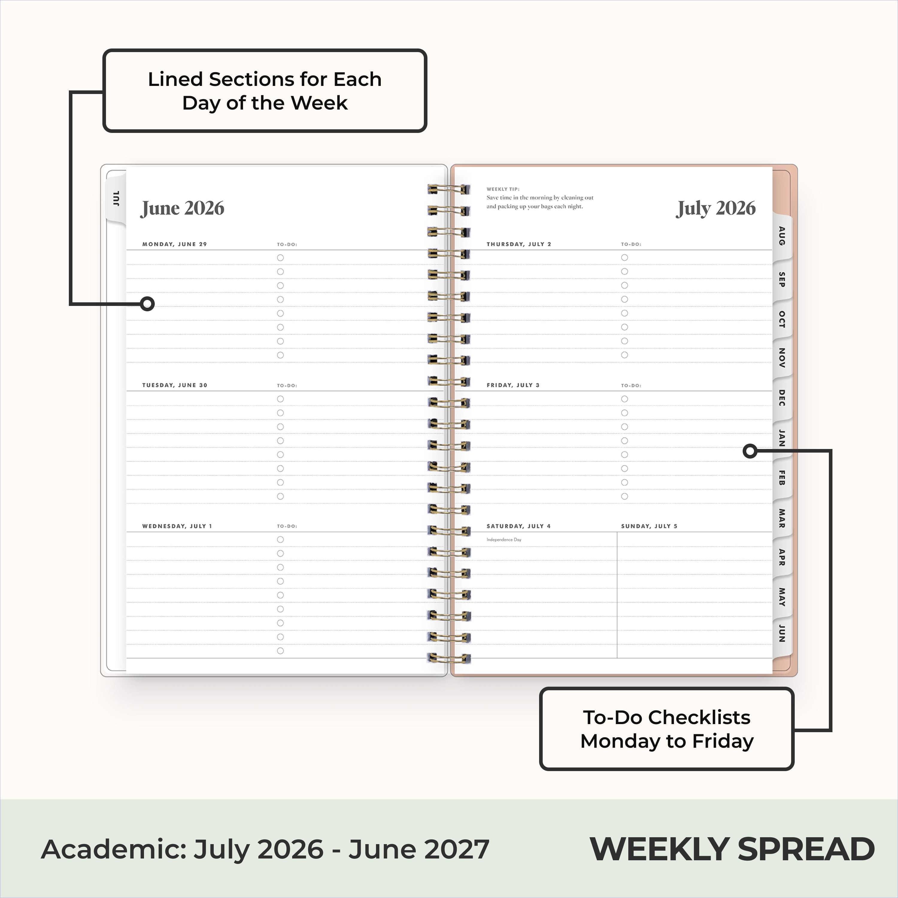 2026-2027 weekly spread featuring ample writing space, bullet points, to do-list
