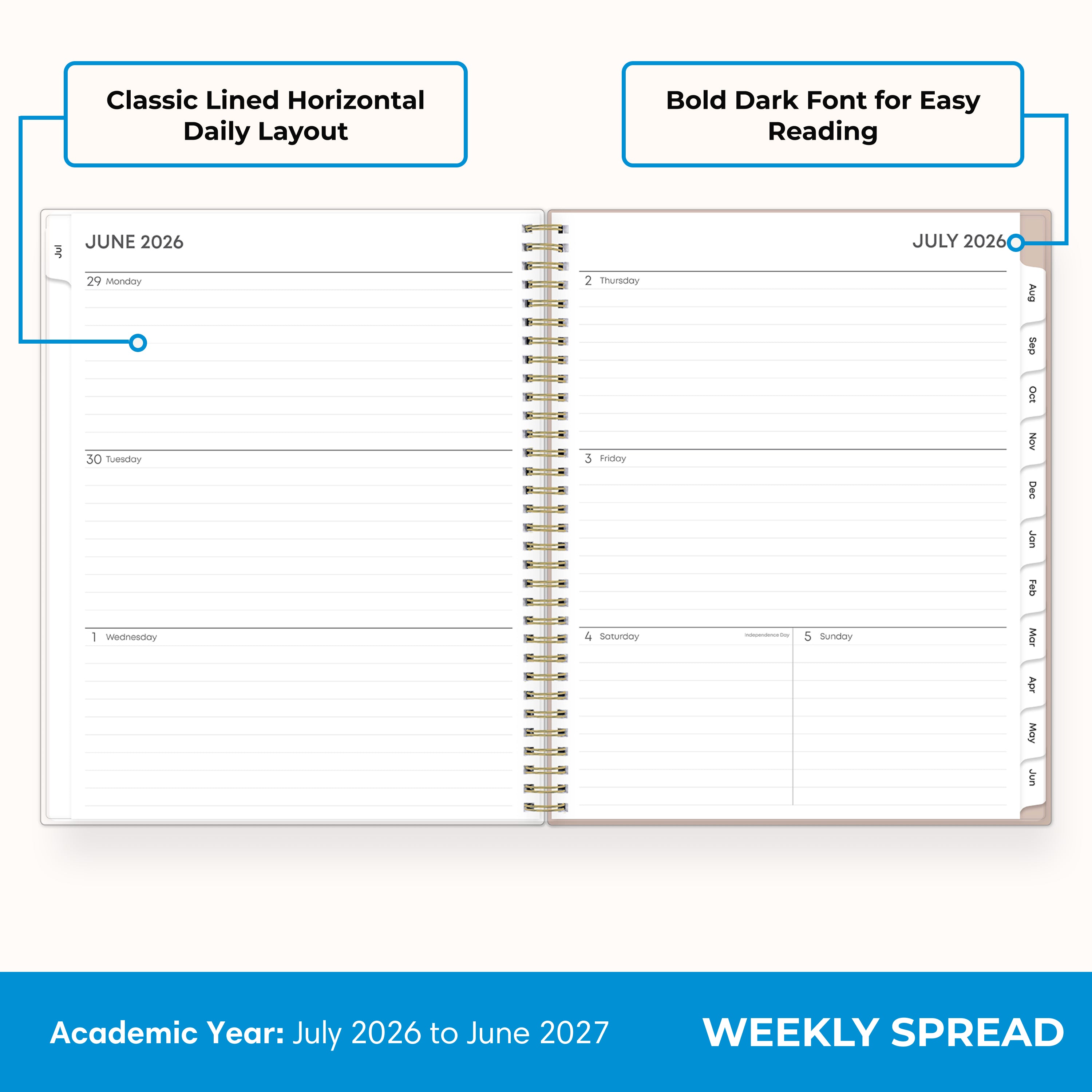 2026-2027 weekly spread featuring ample writing space, bullet points, to do-list.
