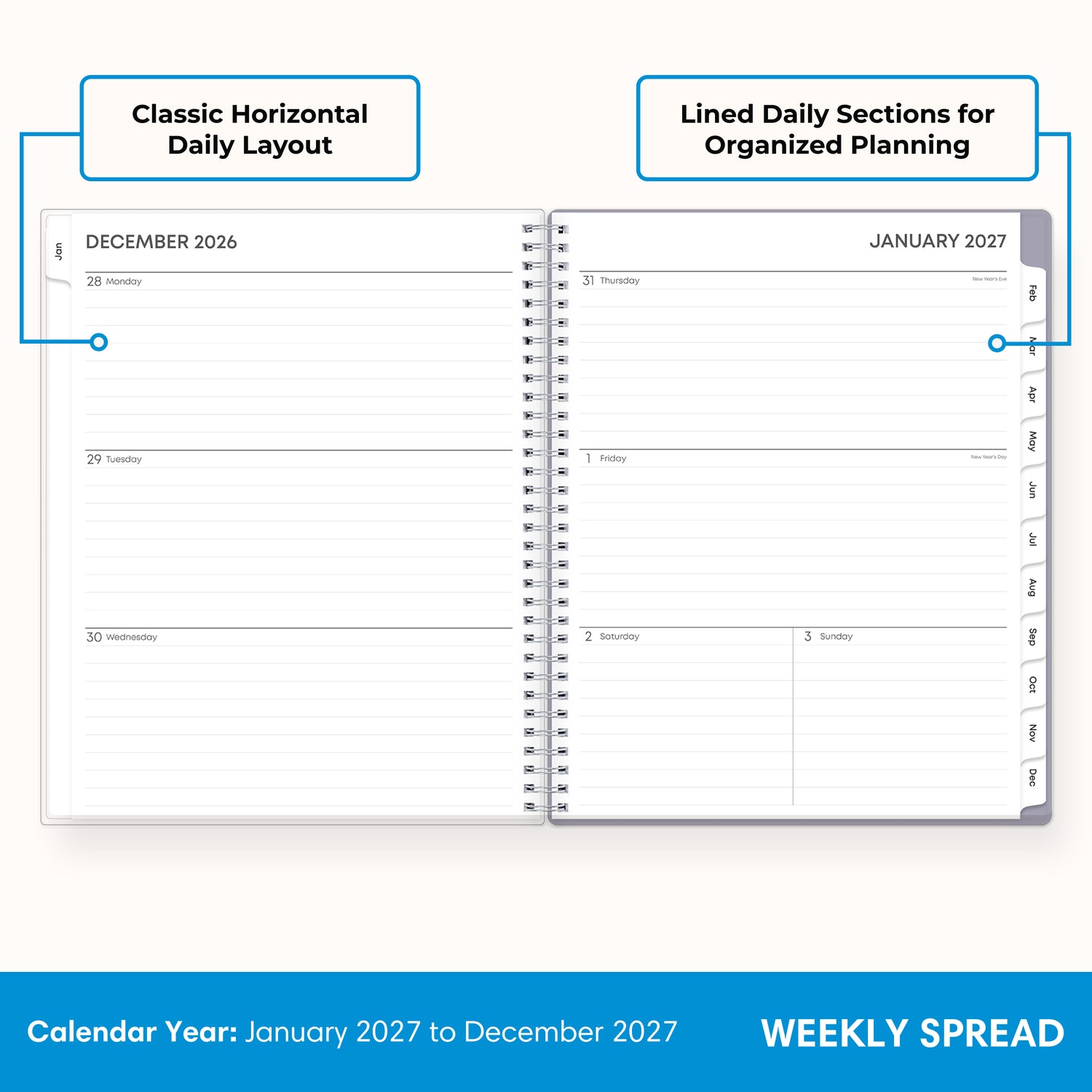 2027 weekly spread features ample lined writing space for to do lists, notes section, reference calendars, bullet points, and monthly tabs