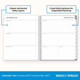 2027 weekly spread features ample lined writing space for to do lists, notes section, reference calendars, bullet points, and monthly tabs