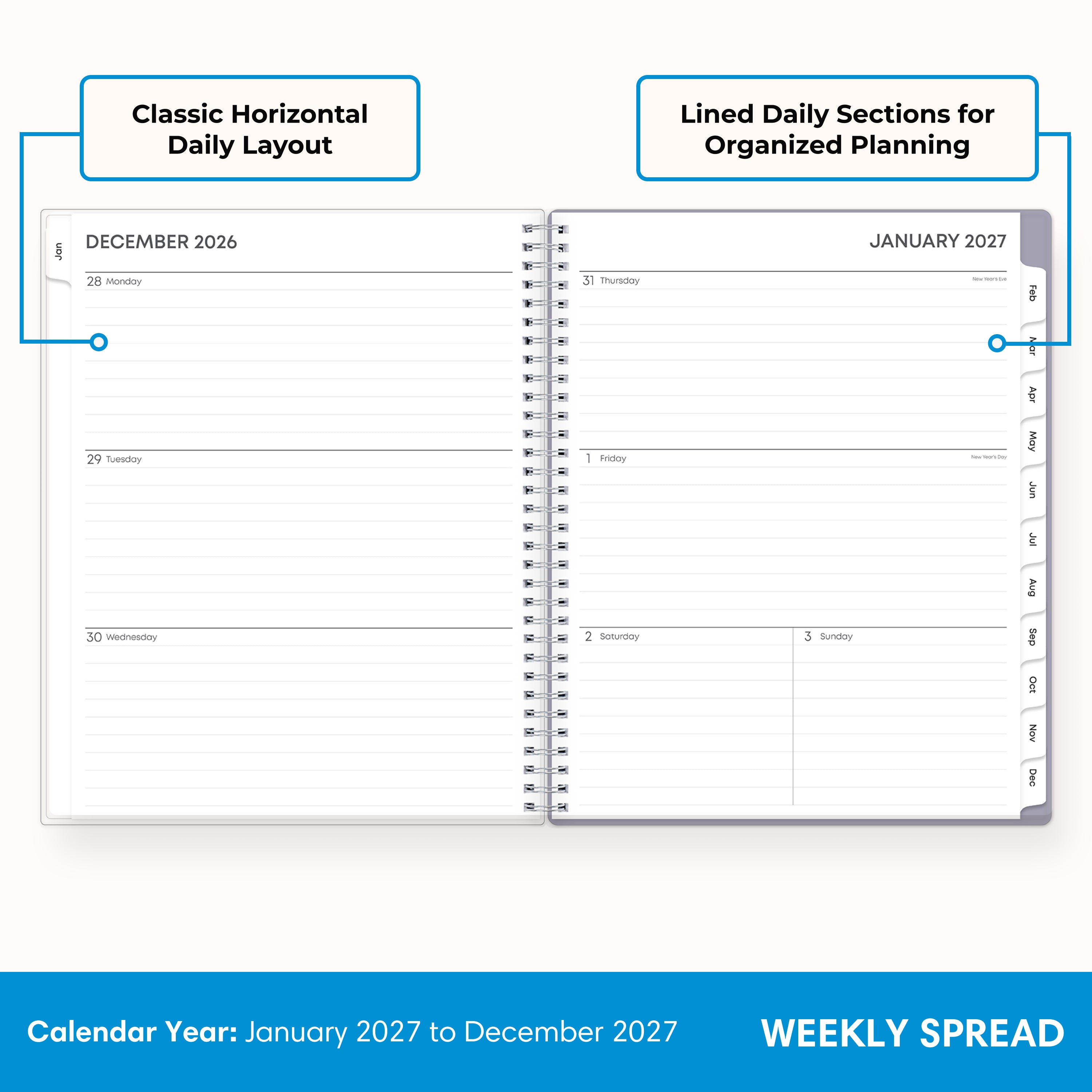 2027 weekly spread features ample lined writing space for to do lists, notes section, reference calendars, bullet points, and monthly tabs