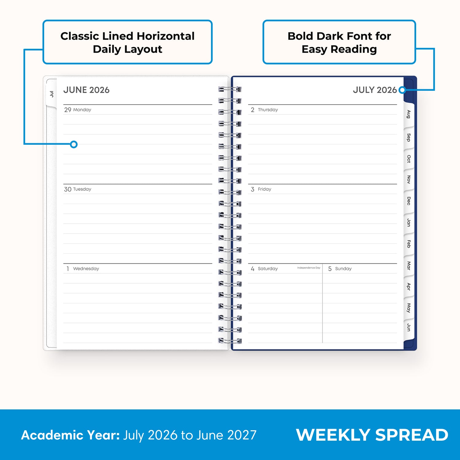 2026-2027 weekly spread featuring ample writing space, bullet points, to do-list.
