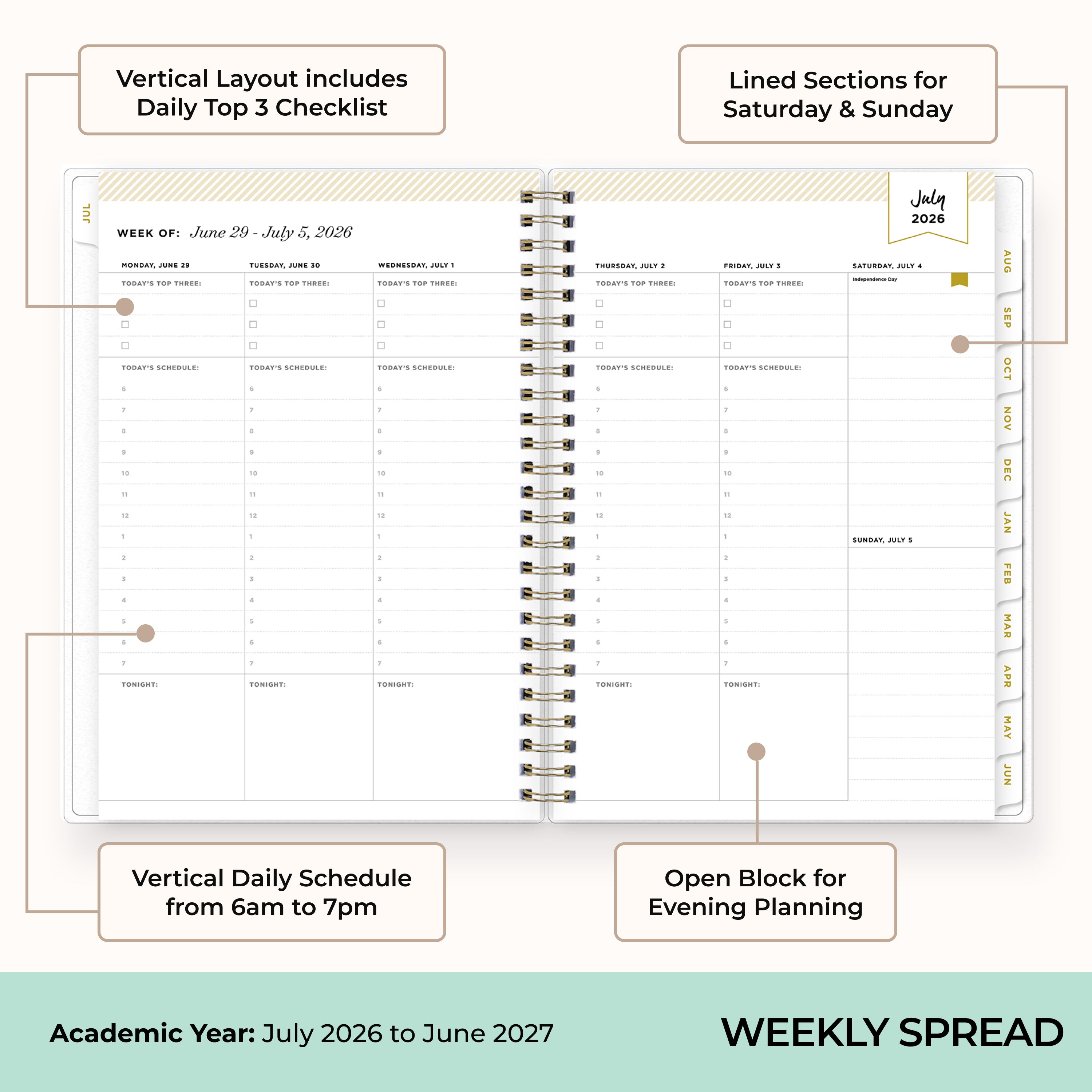 weekly planner notes featuring lined writing space and white monthly tabs, to do list and bullet points