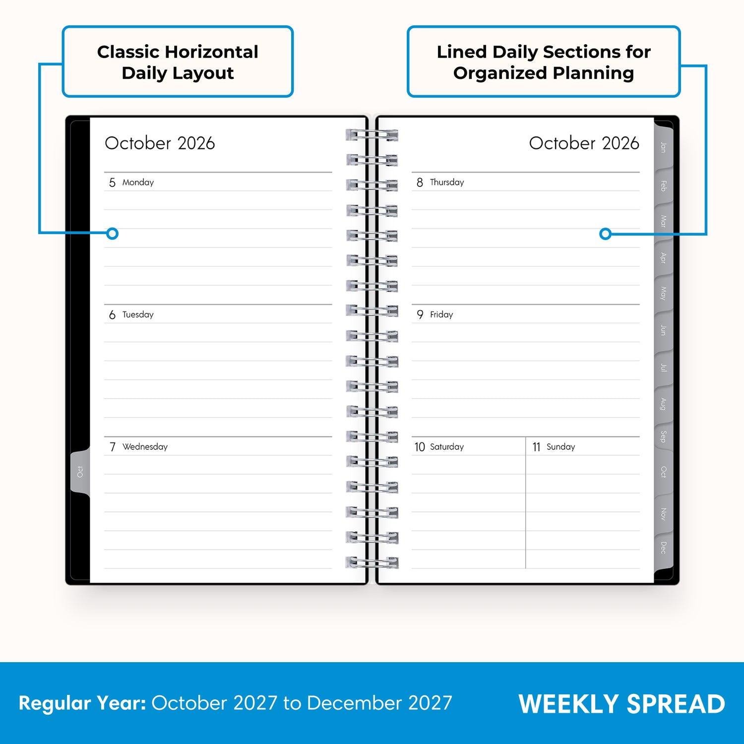 weekly layout featuring lined writing space, and monthly tabs on this pocket sized planner