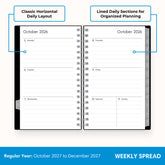 weekly layout featuring lined writing space, and monthly tabs on this pocket sized planner