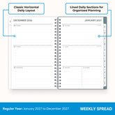 2027 weekly spread features ample lined writing space for to do lists, notes section, reference calendars, bullet points, and monthly tabs