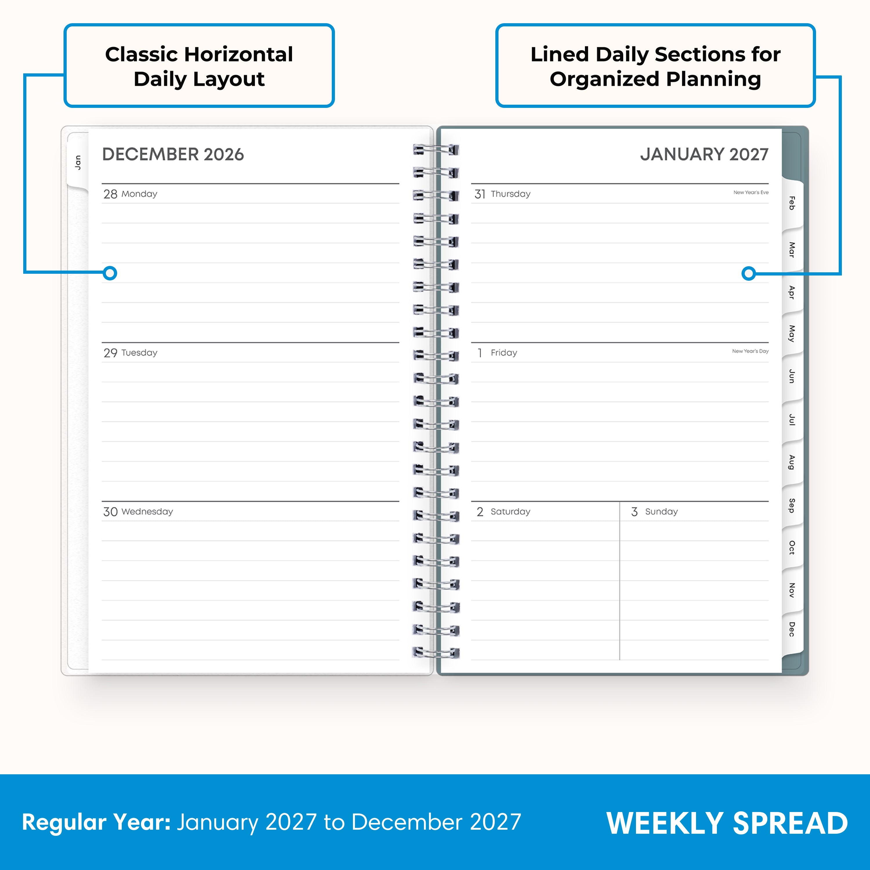 2027 weekly spread features ample lined writing space for to do lists, notes section, reference calendars, bullet points, and monthly tabs