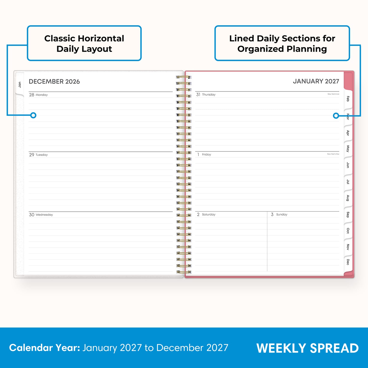 2027 weekly spread features ample lined writing space for to do lists, notes section, reference calendars, bullet points, and monthly tabs