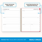2027 weekly spread features ample lined writing space for to do lists, notes section, reference calendars, bullet points, and monthly tabs