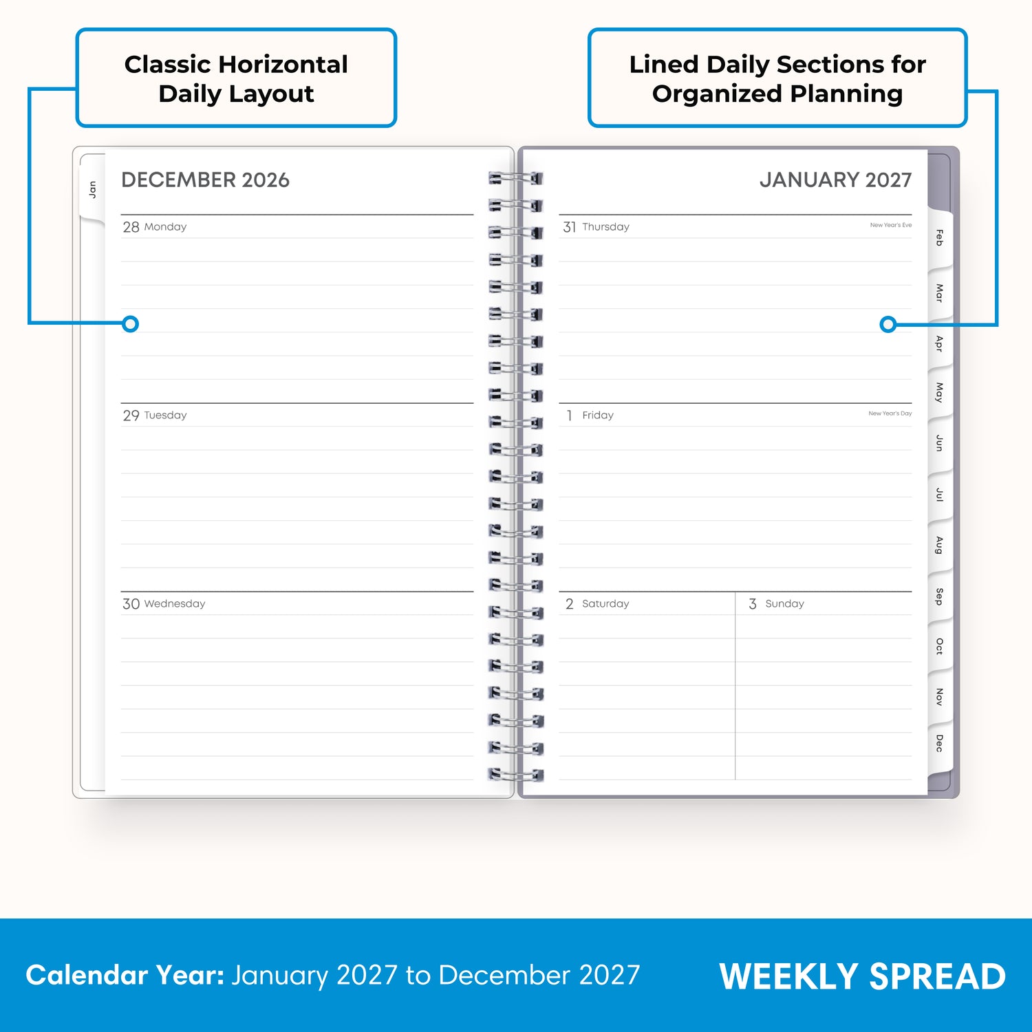 2027 weekly spread features ample lined writing space for to do lists, notes section, reference calendars, bullet points, and monthly tabs