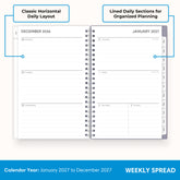2027 weekly spread features ample lined writing space for to do lists, notes section, reference calendars, bullet points, and monthly tabs