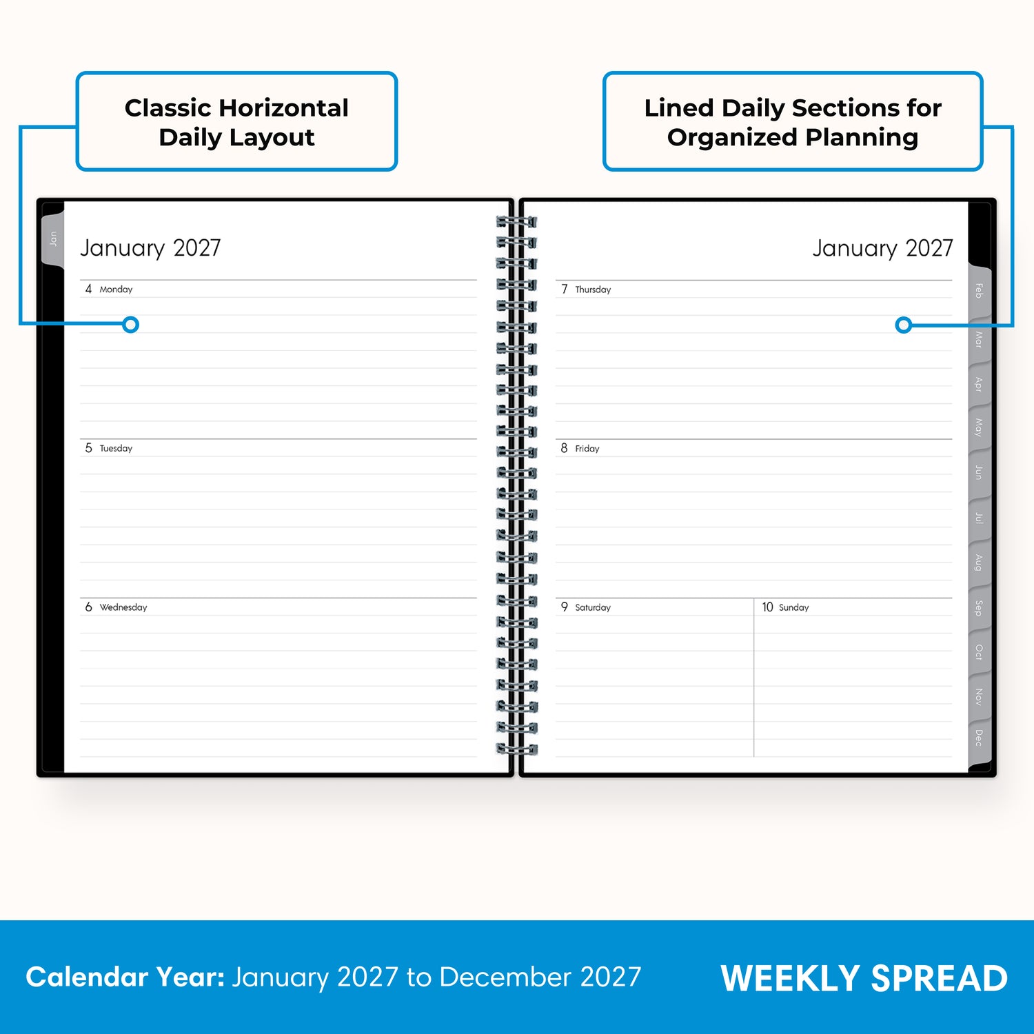 2027 weekly layout featuring lined writing space and organized sections for planning 7x9