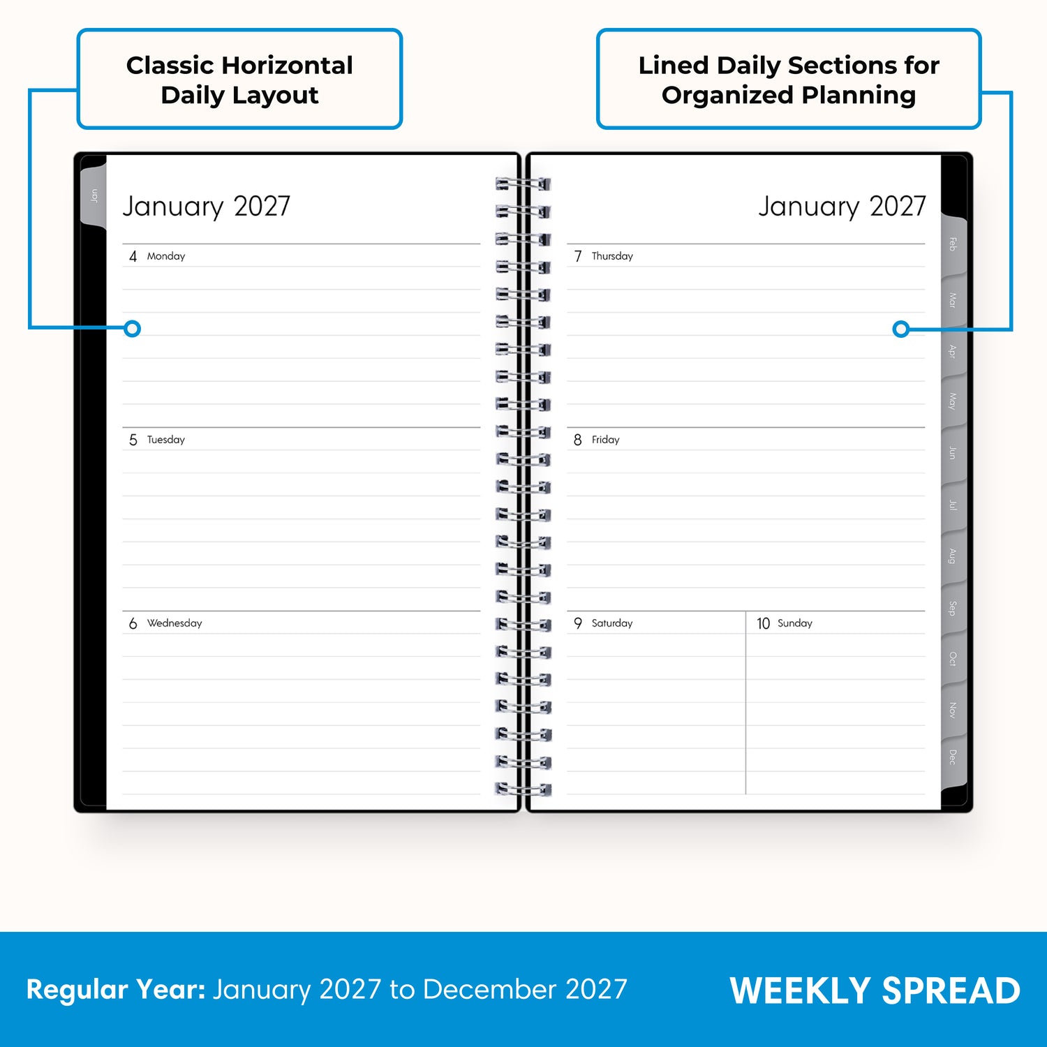 2027 weekly layout featuring lined writing space and organized sections for planning 5x8