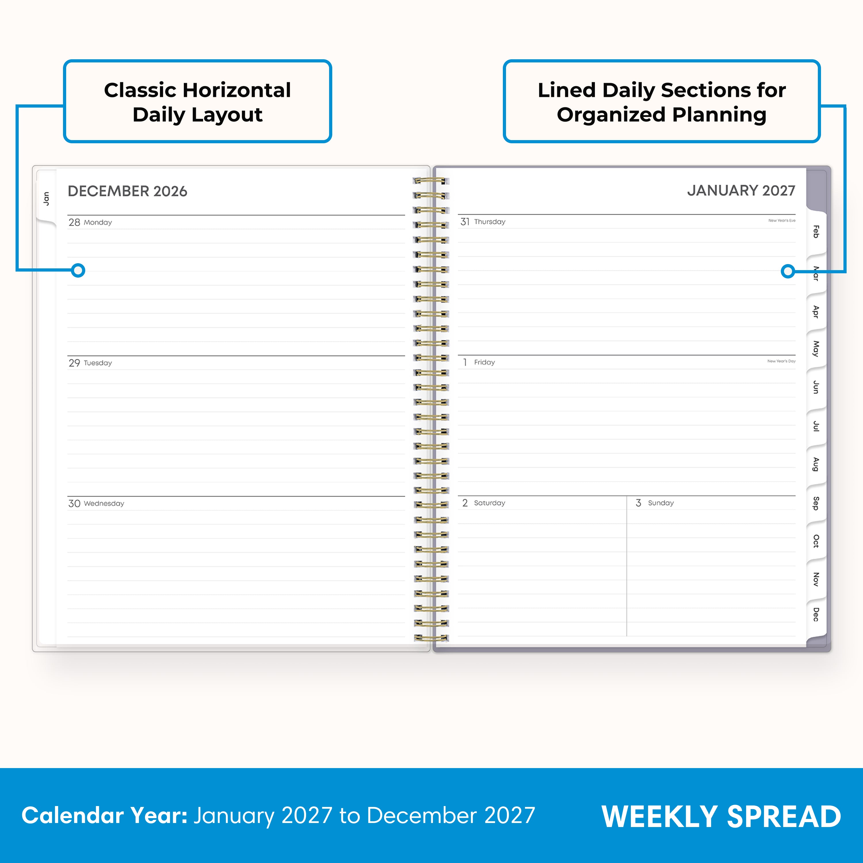 2027 weekly spread features ample lined writing space for to do lists, notes section, reference calendars, bullet points, and monthly tabs