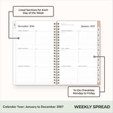 2027 weekly spread features ample lined writing space for to do lists, notes section, reference calendars, bullet points, and monthly tabs