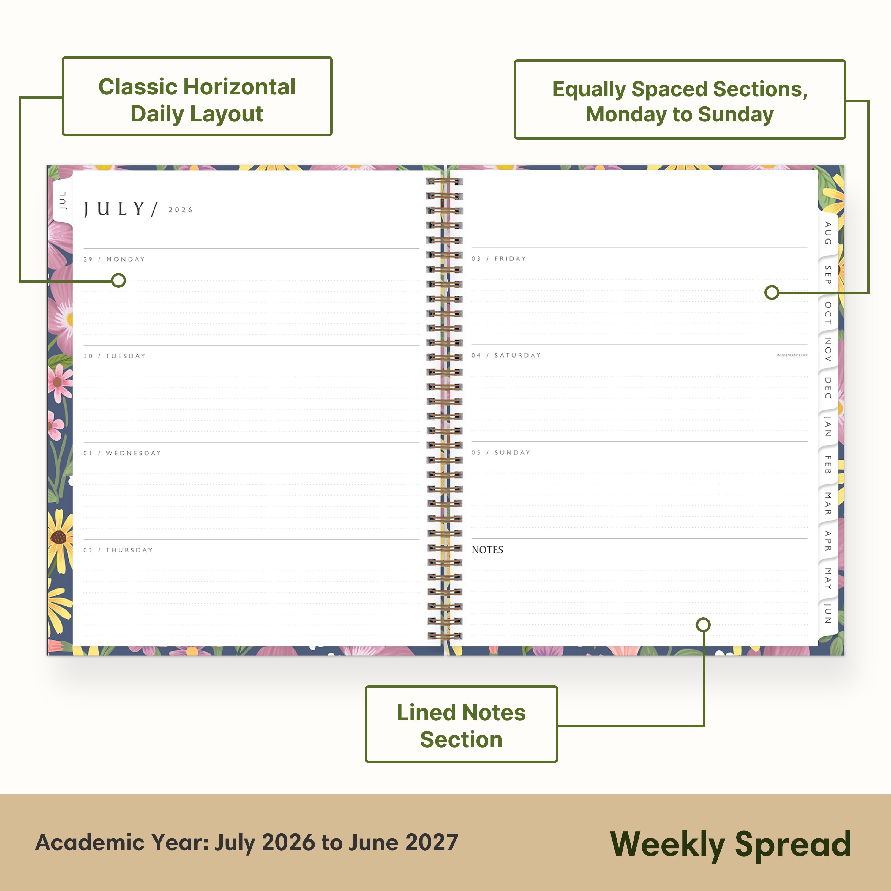 2026-2027 weekly spread featuring ample writing space, bullet points, to do-list.
