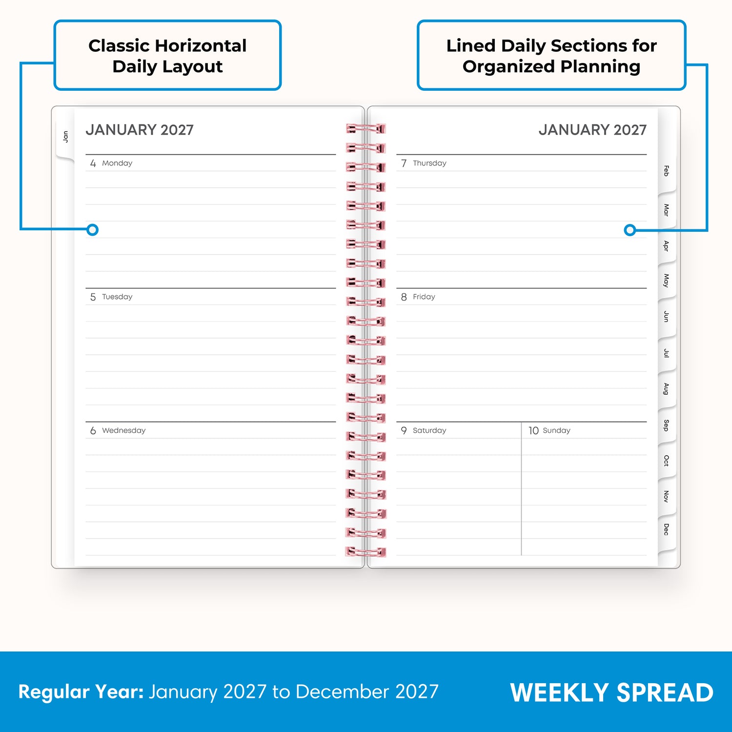 2027 weekly spread features ample lined writing space for to do lists, notes section, reference calendars, bullet points, and monthly tabs