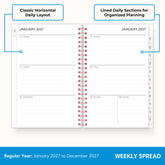 2027 weekly spread features ample lined writing space for to do lists, notes section, reference calendars, bullet points, and monthly tabs