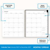 2027 monthly spread featuring ample lined writing space for each date, notes section, reference calendars, and monthly tabs