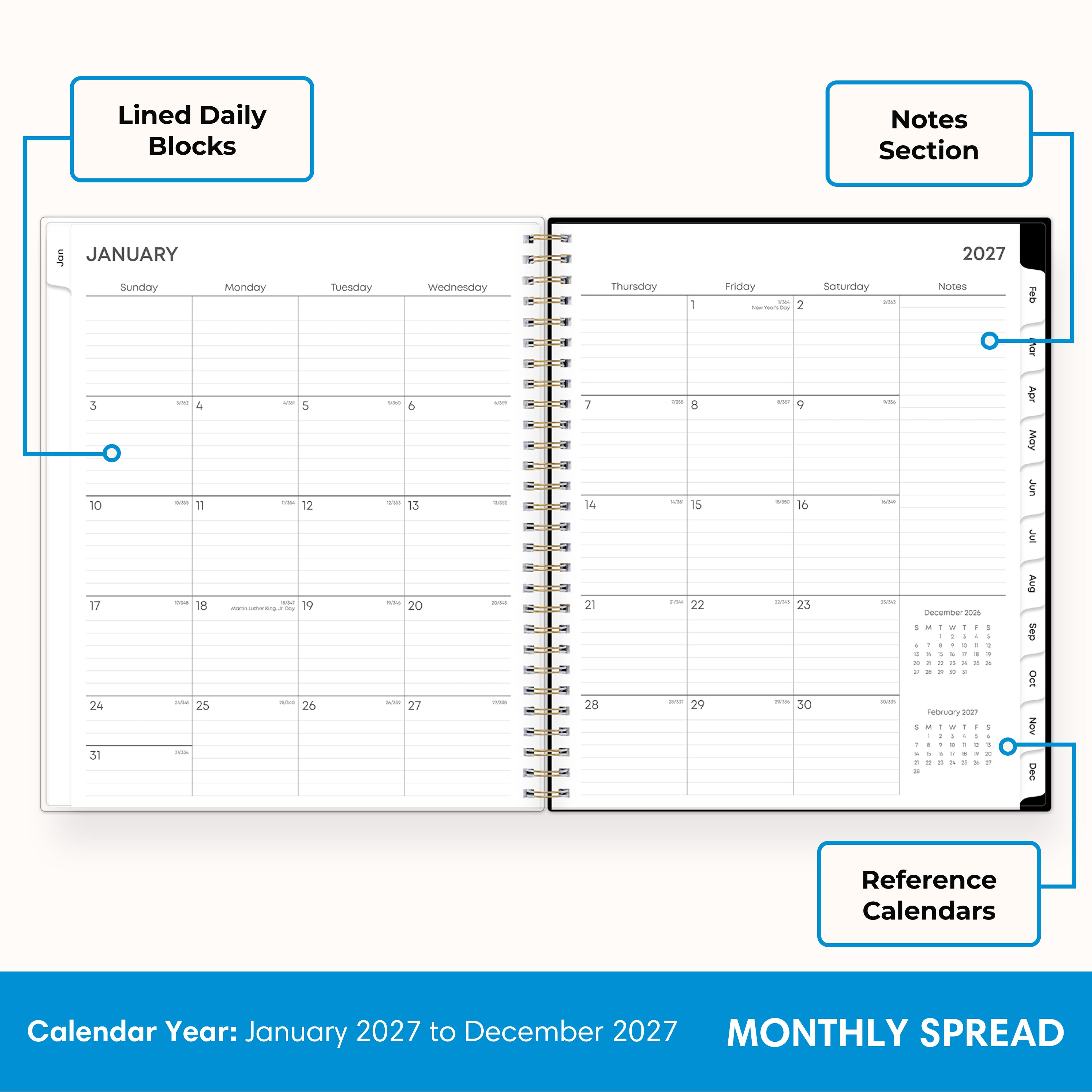 2027 monthly spread featuring ample lined writing space for each date, notes section, reference calendars, and monthly tabs