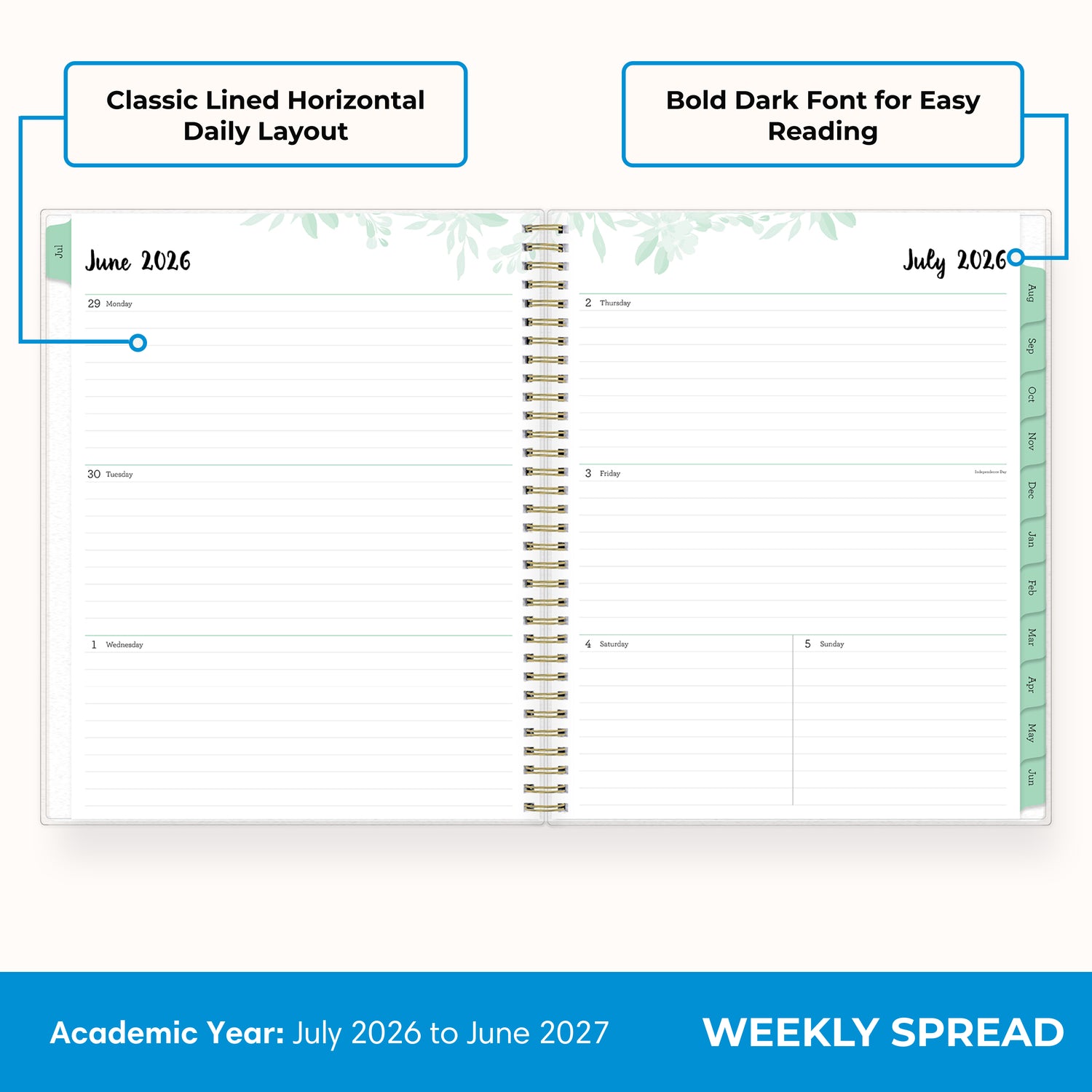 2026-2027 weekly spread featuring ample writing space, bullet points, to do-list.
