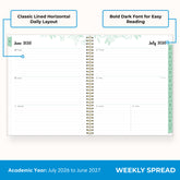 2026-2027 weekly spread featuring ample writing space, bullet points, to do-list.
