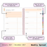 2027 weekly spread features ample lined writing space for to do lists, notes section, reference calendars, bullet points, and monthly tabs