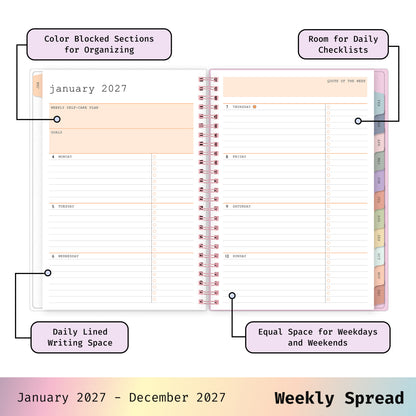 2027 weekly spread features ample lined writing space for to do lists, notes section, reference calendars, bullet points, and monthly tabs