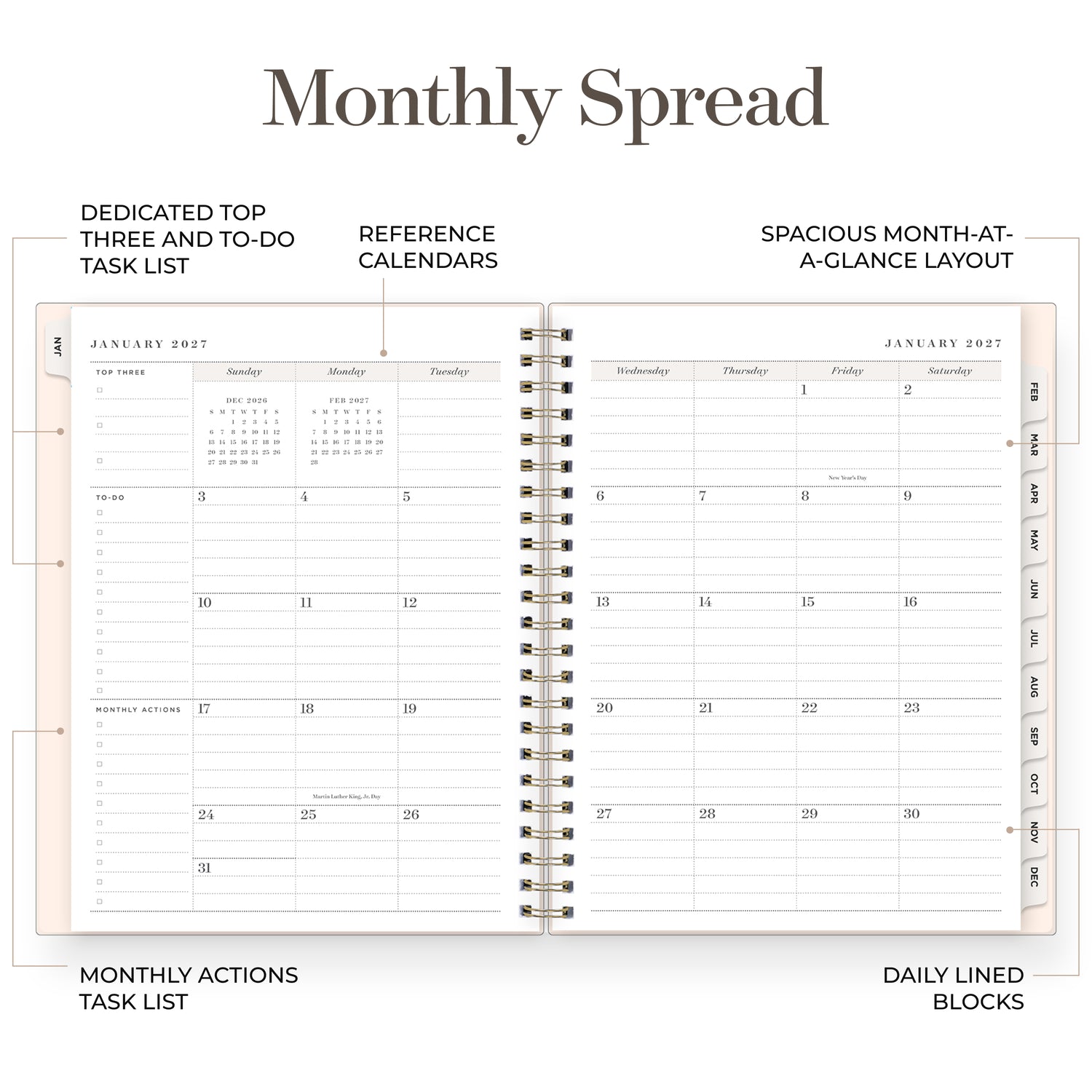 2027 monthly spread featuring ample lined writing space for each date, notes section, reference calendars, and monthly tabs
