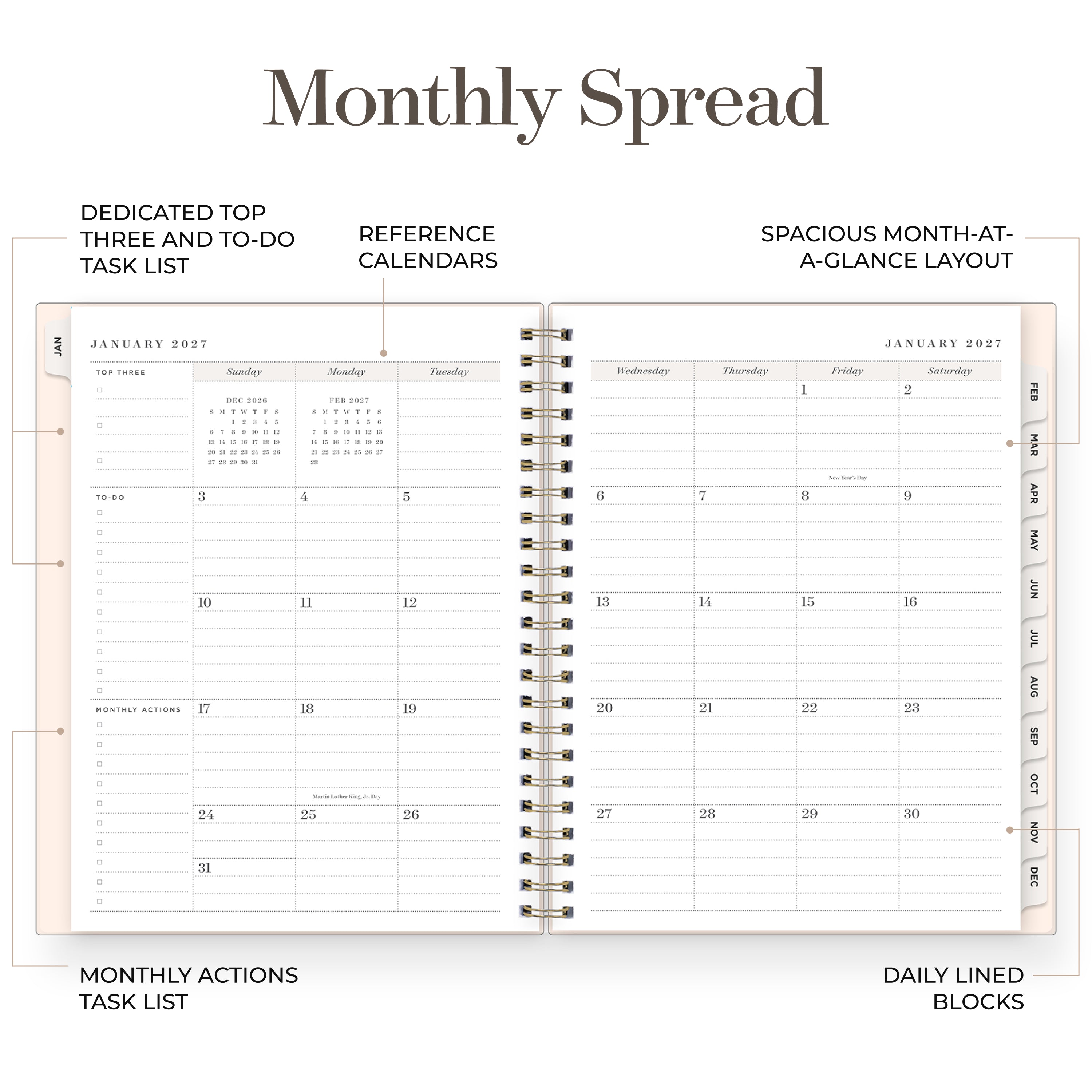 2027 monthly spread featuring ample lined writing space for each date, notes section, reference calendars, and monthly tabs