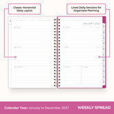 2027 weekly spread features ample lined writing space for to do lists, notes section, reference calendars, bullet points, and monthly tabs